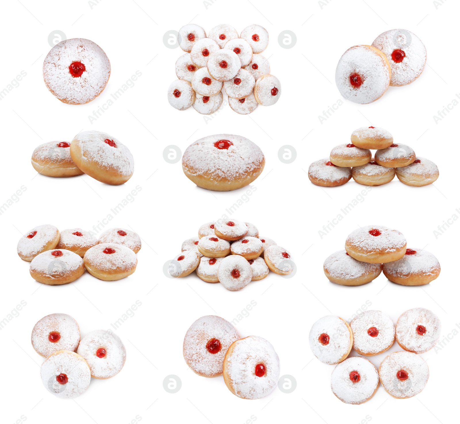 Image of Delicious donuts with jelly and powdered sugar on white background, collage