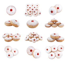 Image of Delicious donuts with jelly and powdered sugar on white background, collage