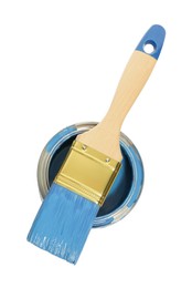 Photo of Can of blue paint with brush on white background, top view