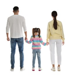 Photo of Little girl with her parents on white background, back view