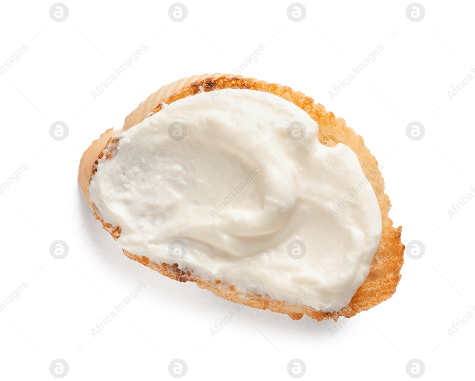 Photo of Piece of baguette with tasty cream cheese on white background, top view