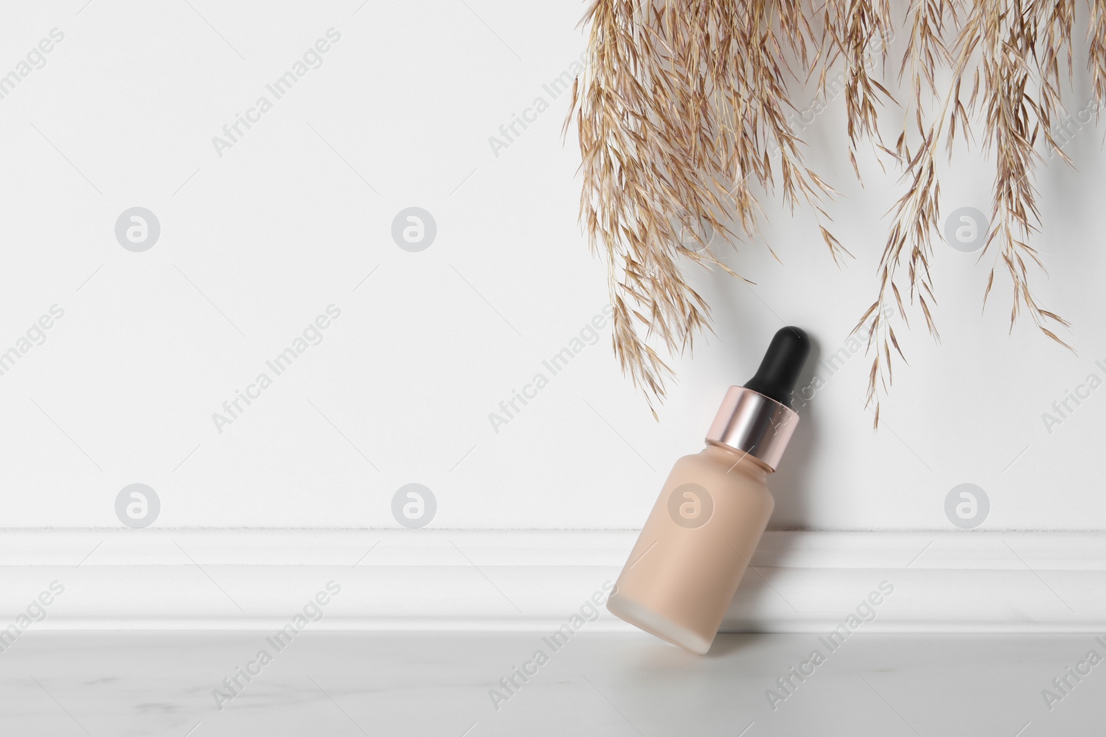 Photo of Skin foundation and decorative plant near white wall, space for text. Makeup product