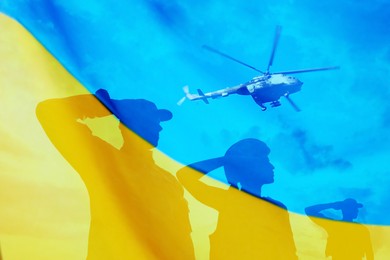 Image of Silhouettes of soldiers, helicopter and Ukrainian national flag, double exposure