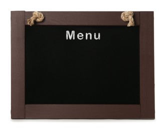 Image of Black chalkboard with word Menu on white background. Mockup for design