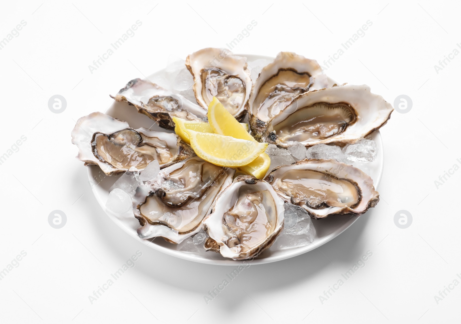Photo of Delicious fresh oysters with lemon slices isolated on white