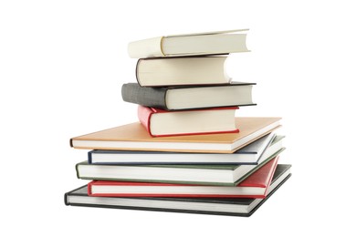 Stack of hardcover books on white background