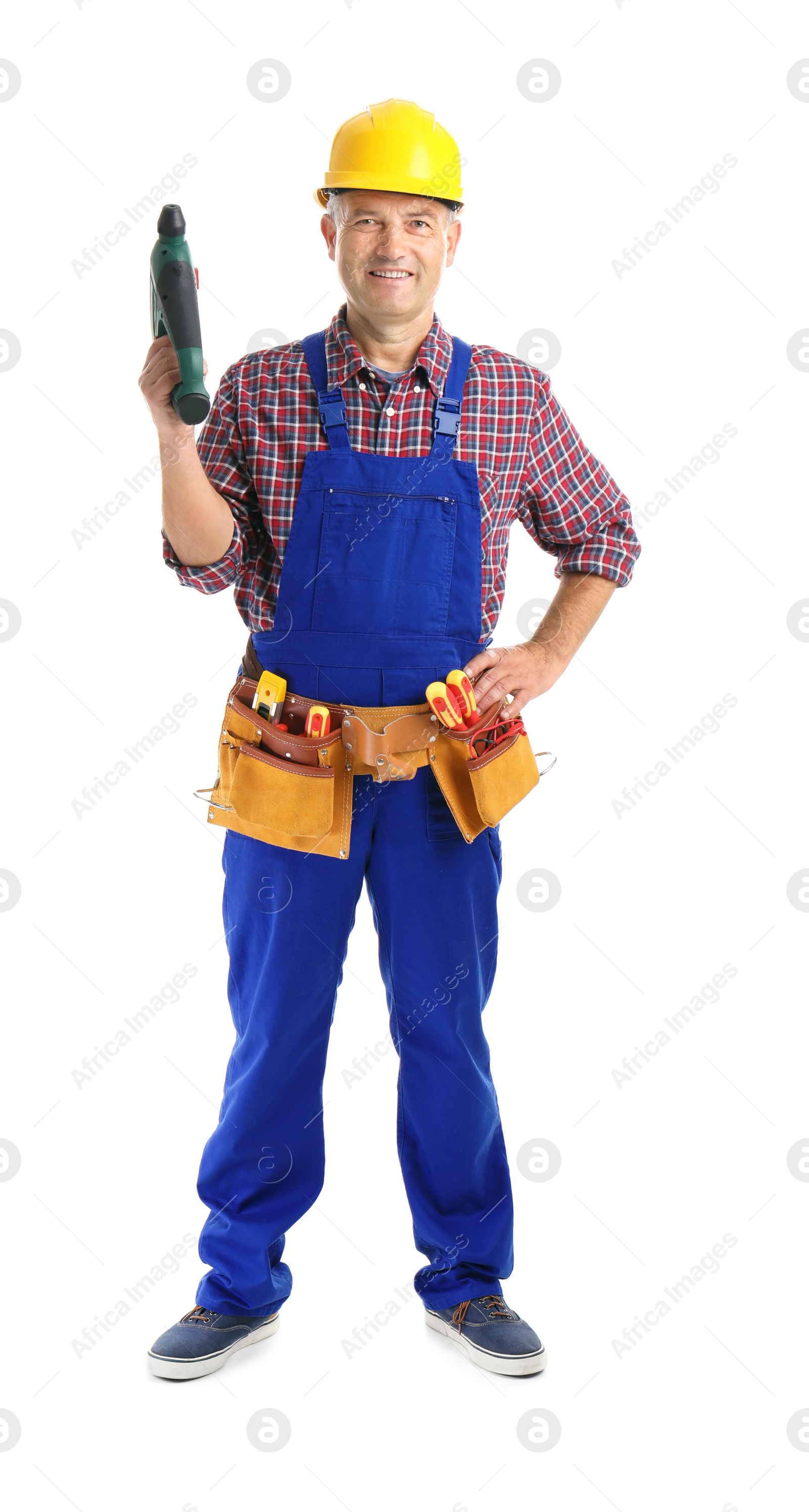 Photo of Electrician with drill wearing uniform on white background