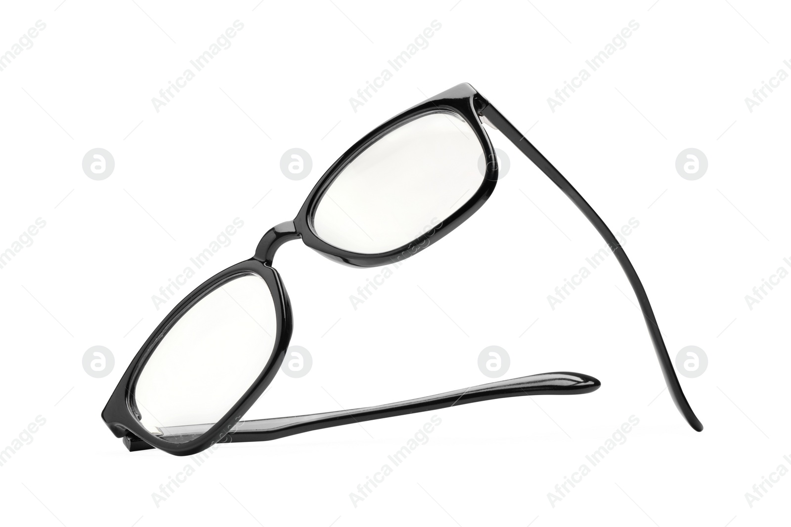 Photo of Stylish pair of glasses with black frame isolated on white