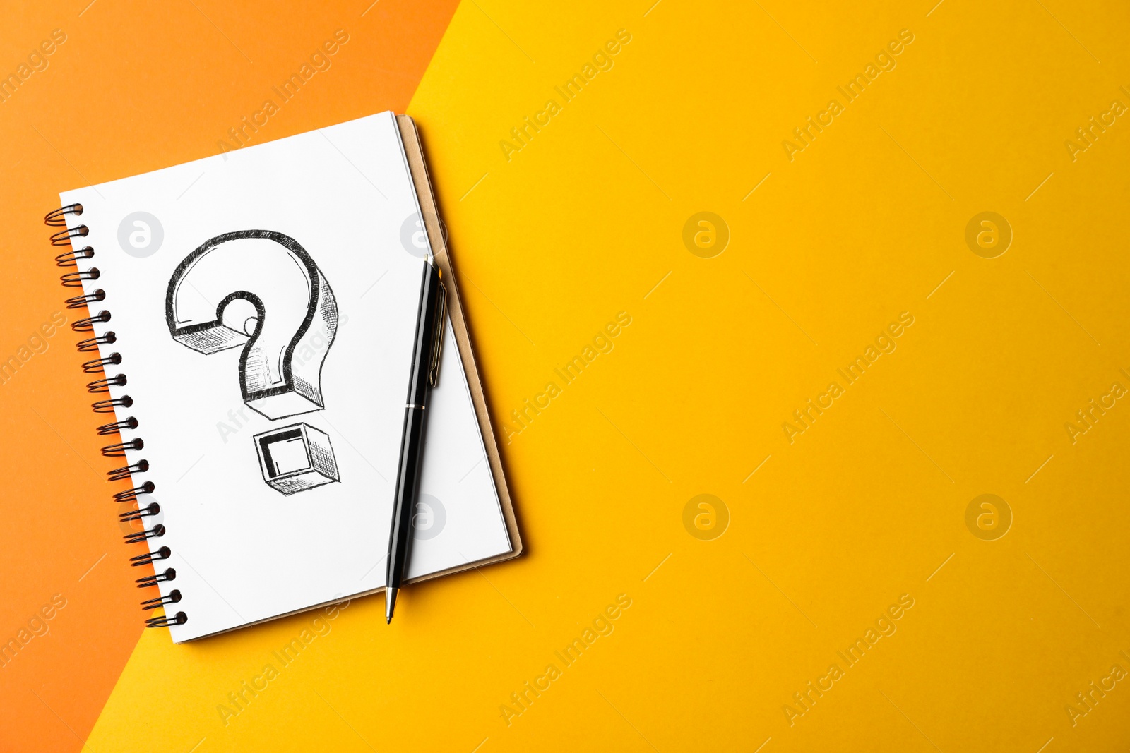 Photo of Notebook with question mark and pen on color background, top view. Space for text