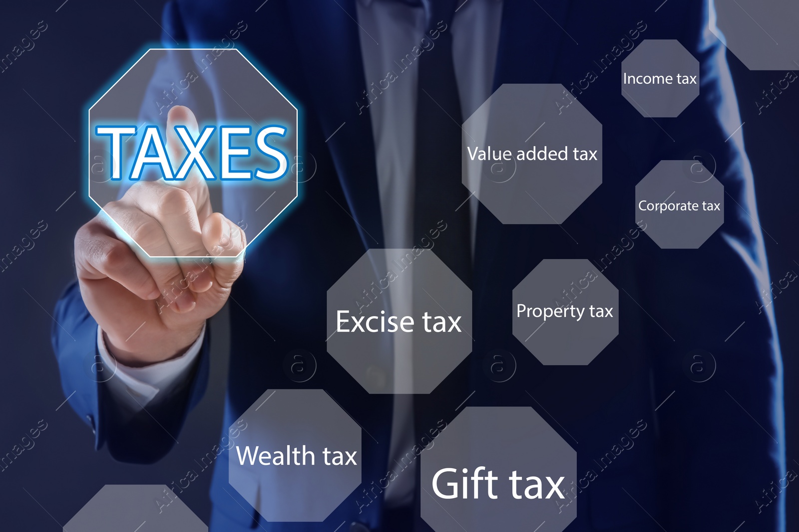 Image of Tax concept. Man using virtual screen, closeup