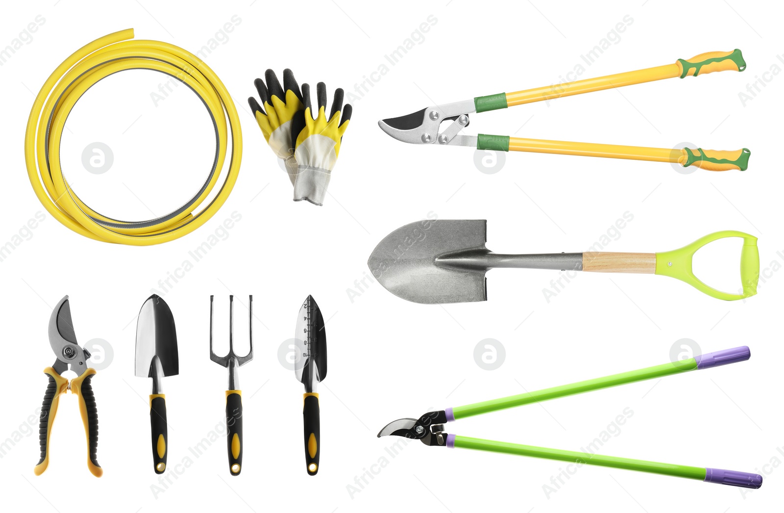 Image of Set with different gardening tools on white background