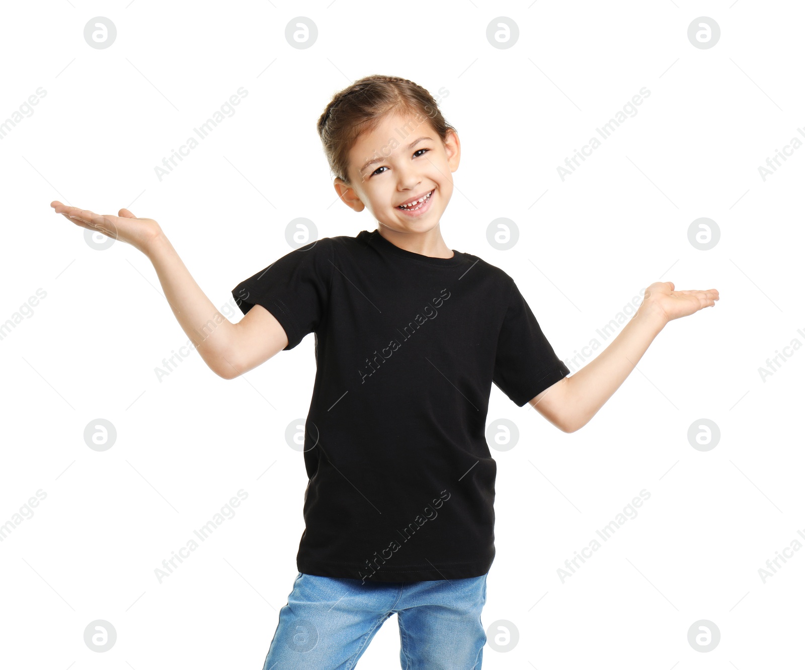 Photo of Little girl in t-shirt on white background. Mockup for design