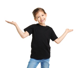 Little girl in t-shirt on white background. Mockup for design