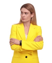 Beautiful businesswoman crossing arms on white background