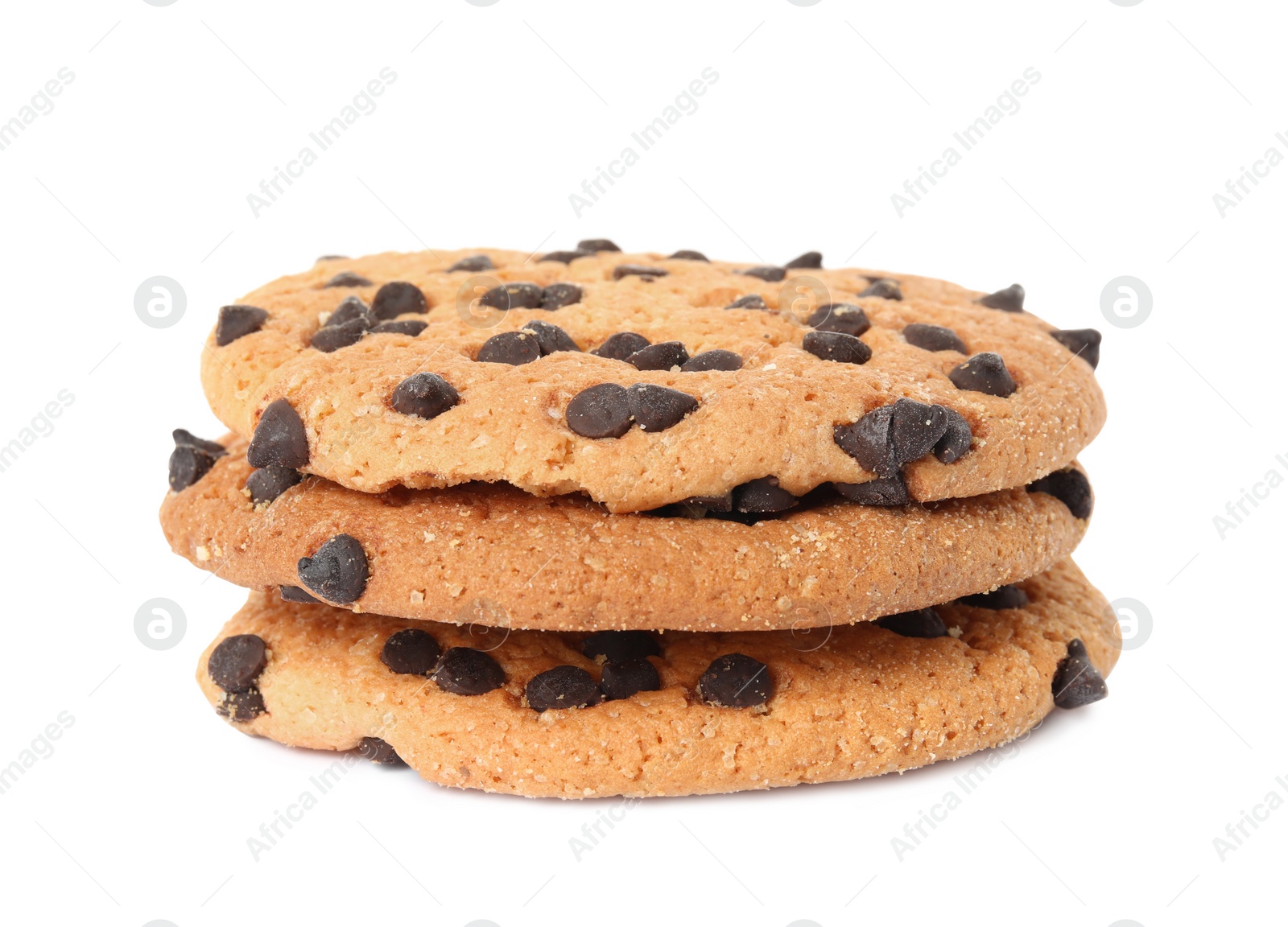 Photo of Stack of delicious chocolate chip cookies on white background