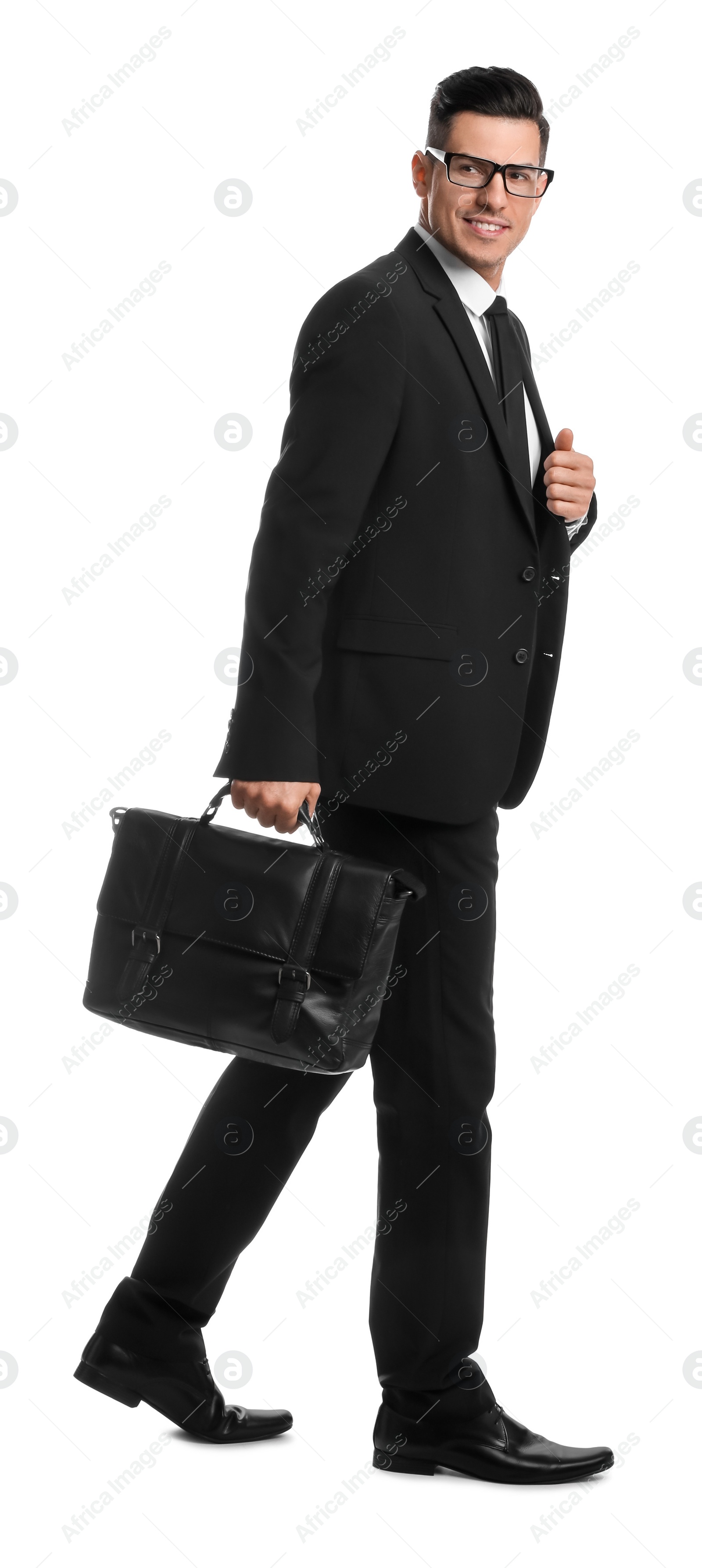 Photo of Businessman with stylish leather briefcase on white background