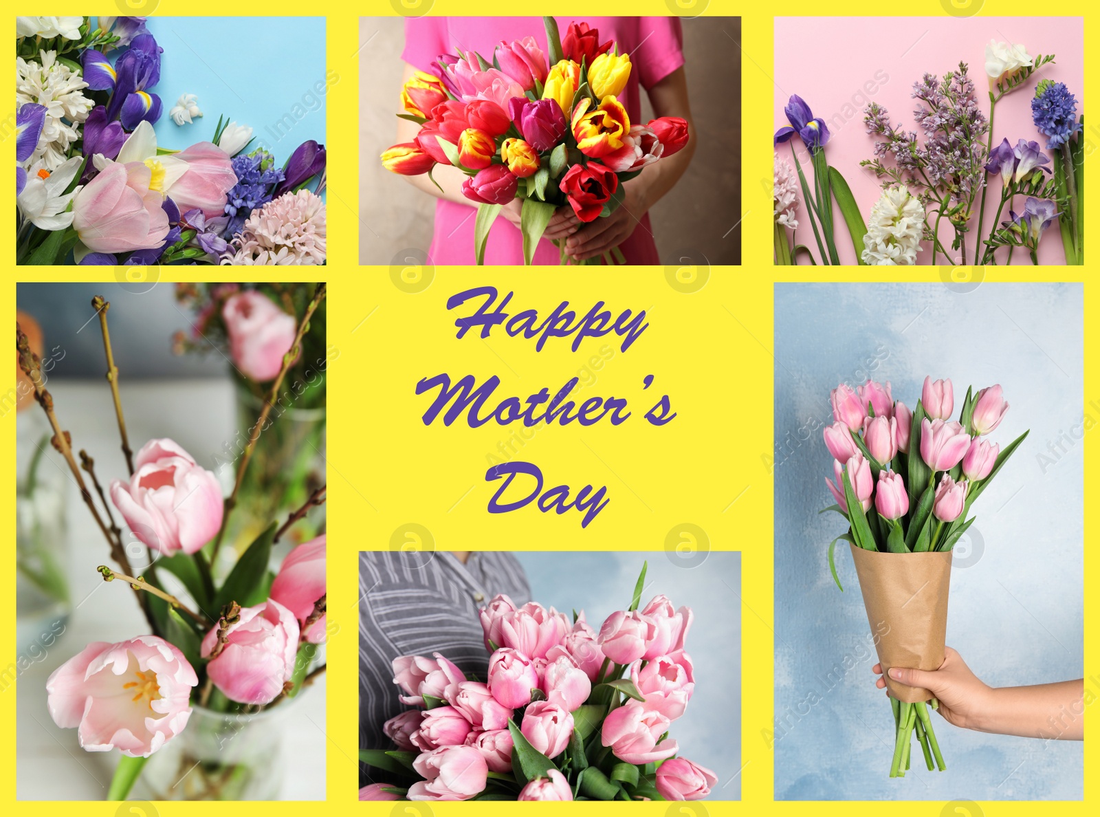 Image of Collage with photos of beautiful flowers and text Happy Mother's Day