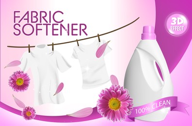 Image of Fabric softener advertising design. Bottle of conditioner, chrysanthemum flowers and illustration of drying laundry on pink background