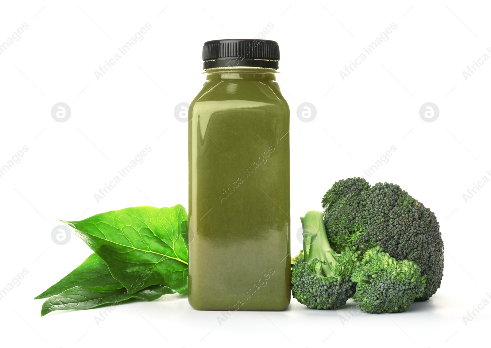 Photo of Bottle with healthy detox smoothie and ingredients on white background