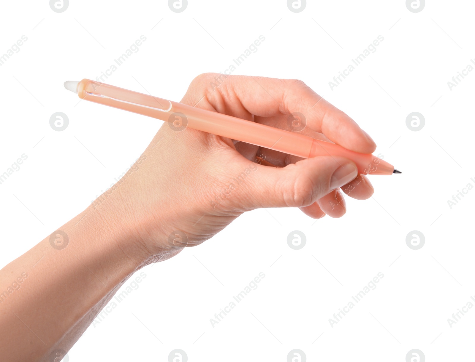 Photo of Woman holding erasable pen on white background, closeup