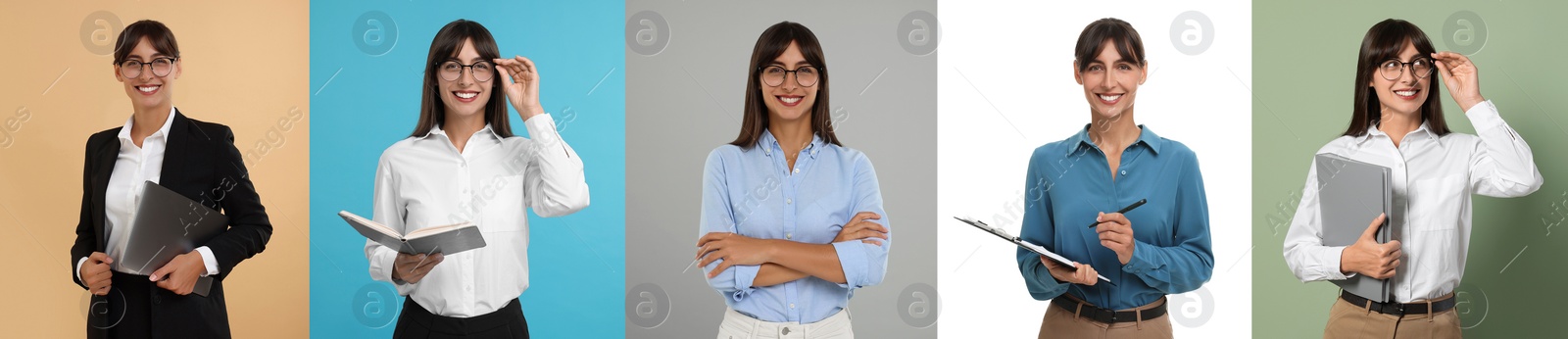 Image of Collage with photos of beautiful secretary on different color backgrounds