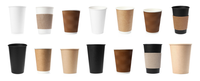 Image of Set of paper coffee cups on white background. Banner design