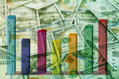 Image of Finance trading concept. Dollar banknotes and digital diagram