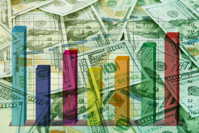 Finance trading concept. Dollar banknotes and digital diagram