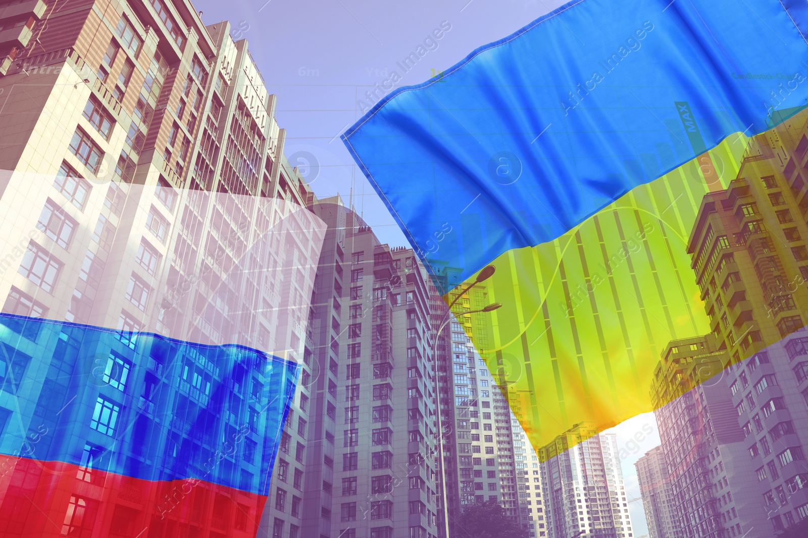 Image of Multiple exposure of Ukrainian, Russian flags, cityscape and online trading platform