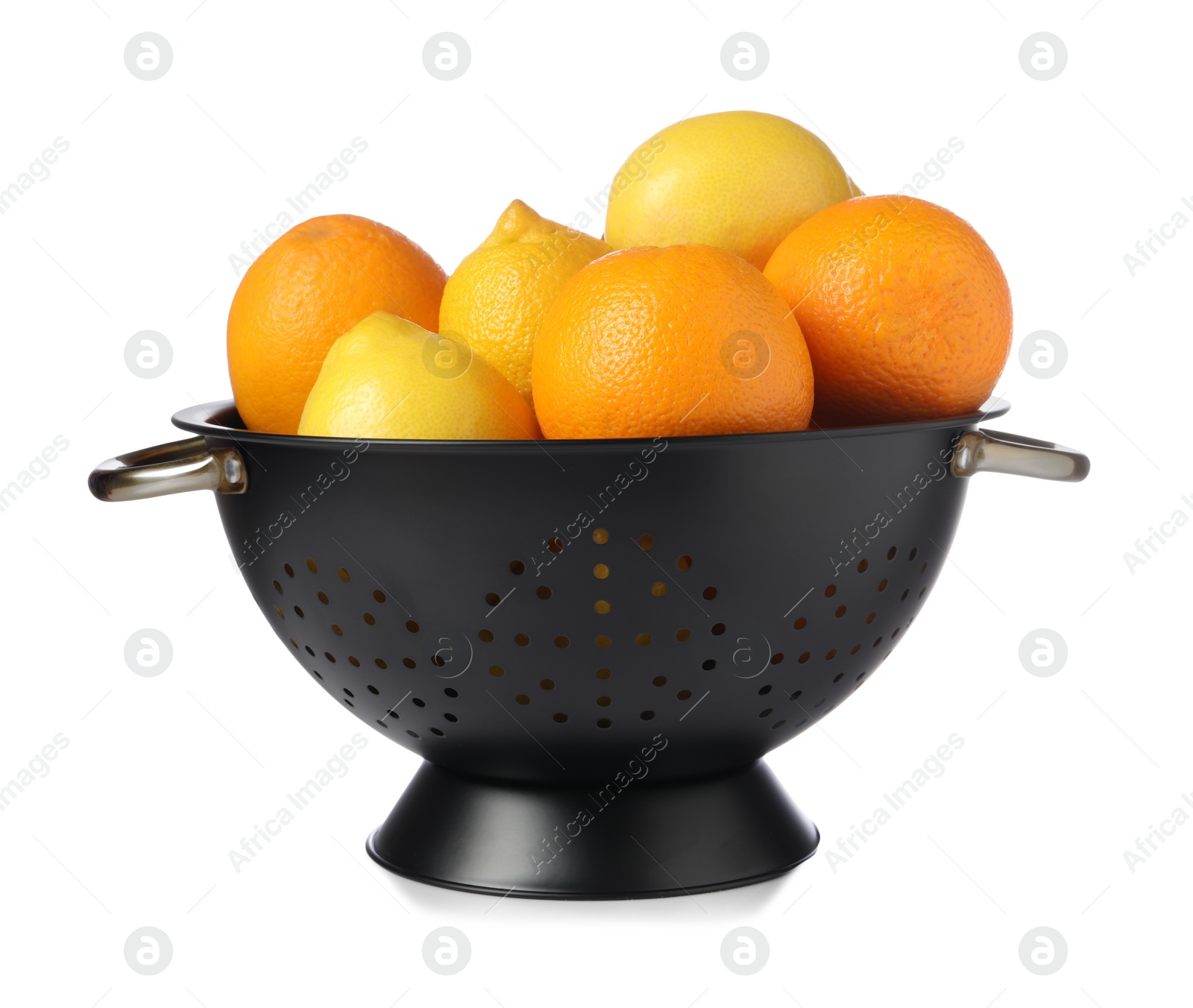 Photo of Colander with fresh citrus fruits isolated on white