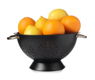 Photo of Colander with fresh citrus fruits isolated on white