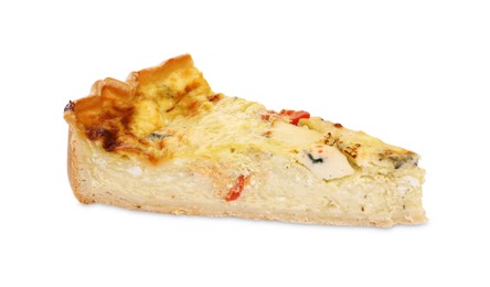 Photo of Piece of delicious homemade cheese quiche isolated on white