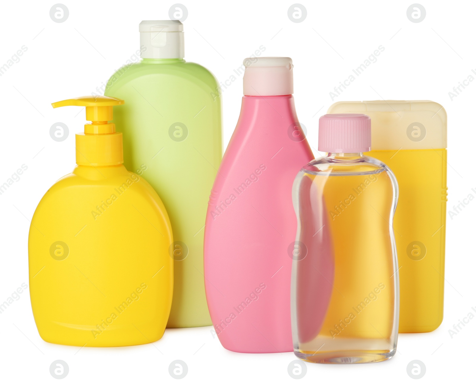 Photo of Bottles of baby cosmetic products on white background