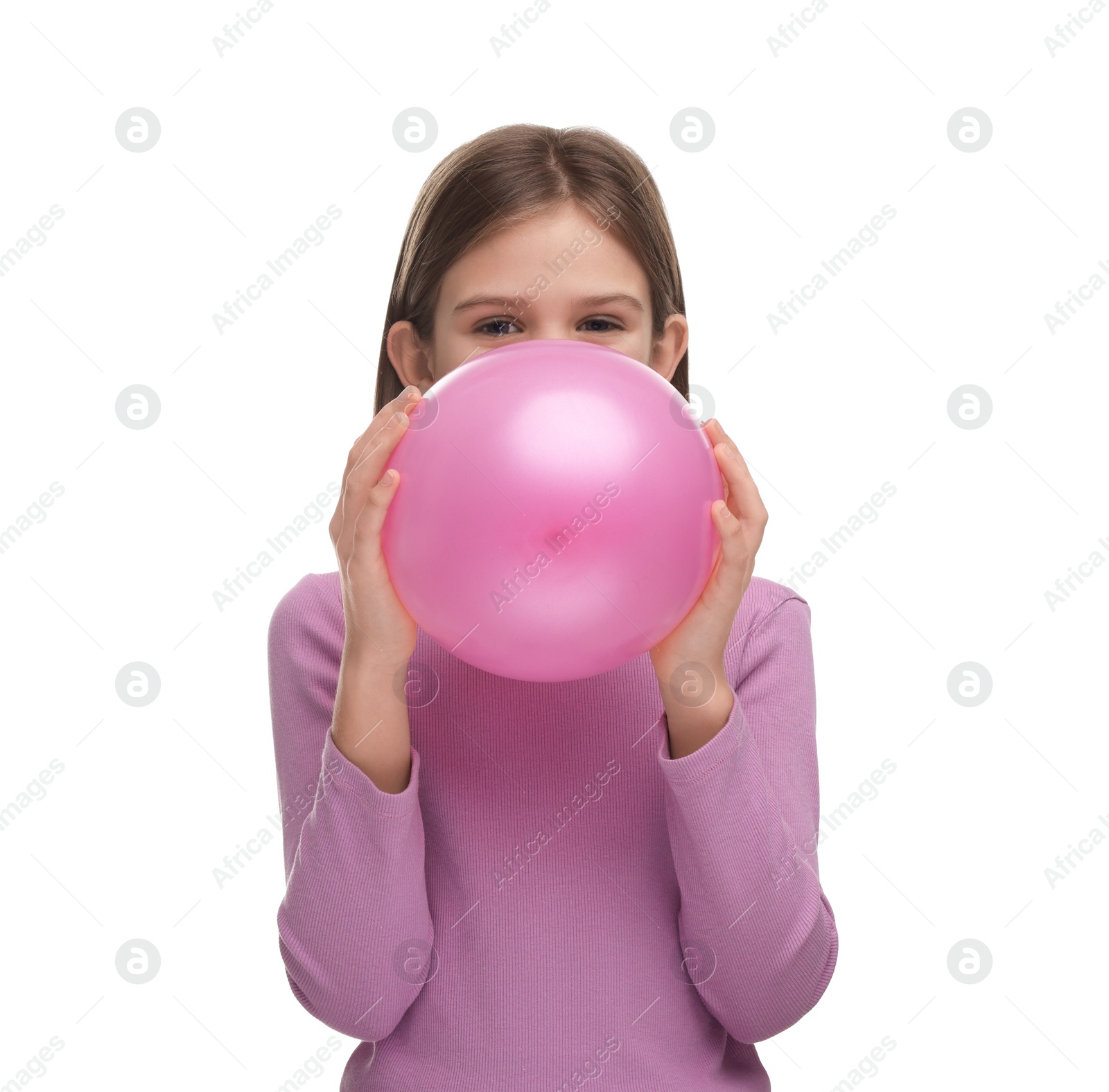 Photo of Girl inflating pink balloon on white background