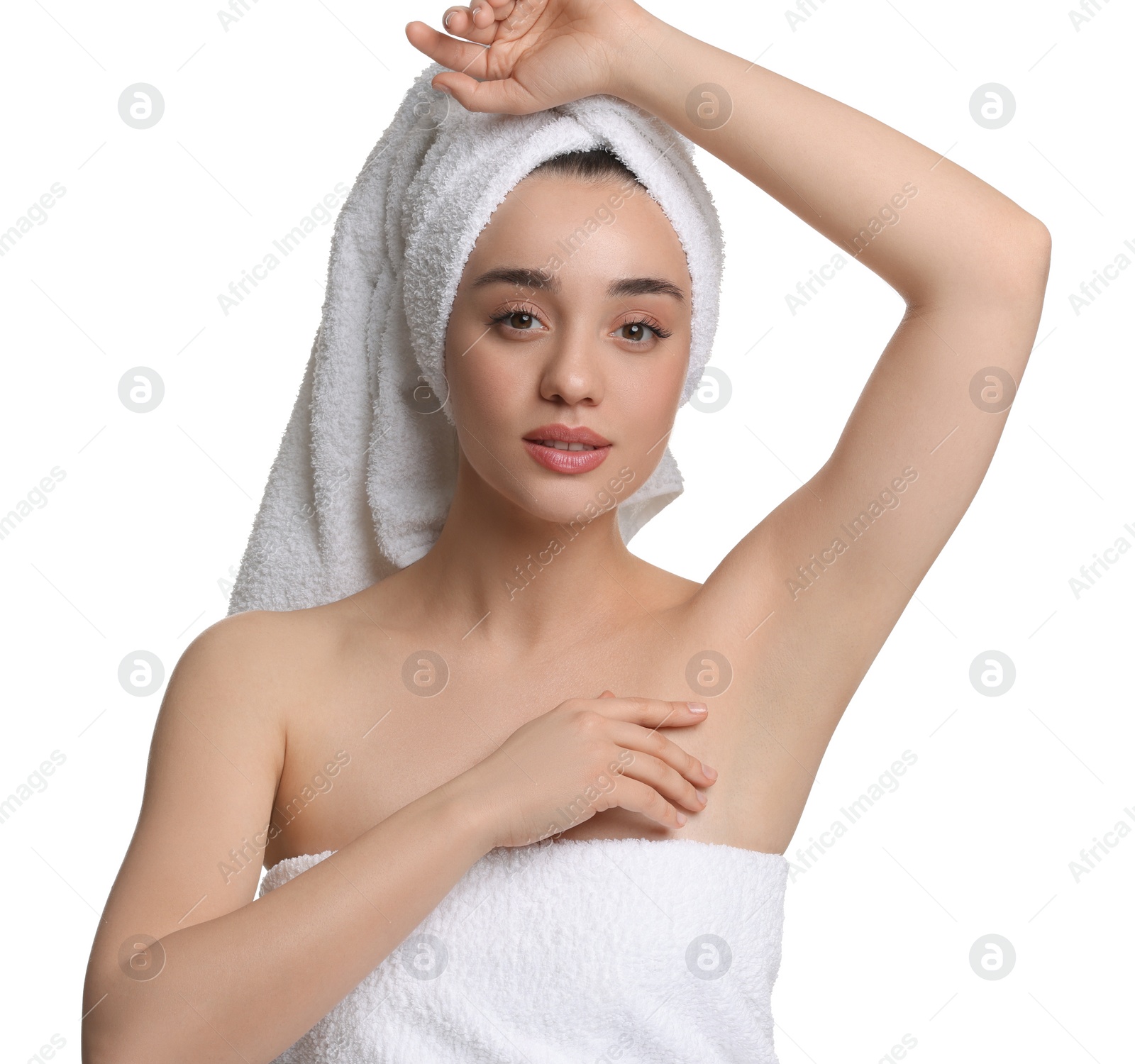 Photo of Beautiful woman showing armpit with smooth clean skin on white background