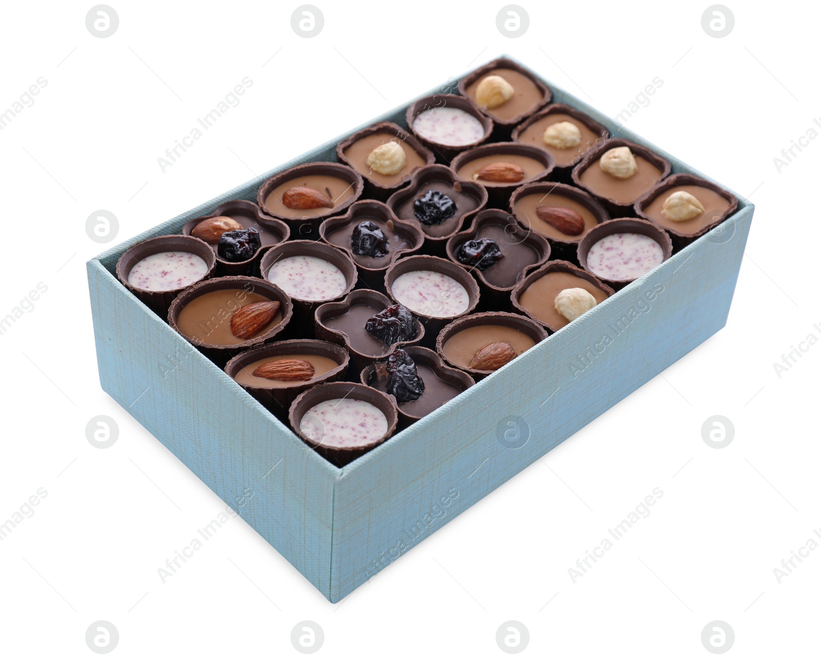 Photo of Box of delicious chocolate candies isolated on white
