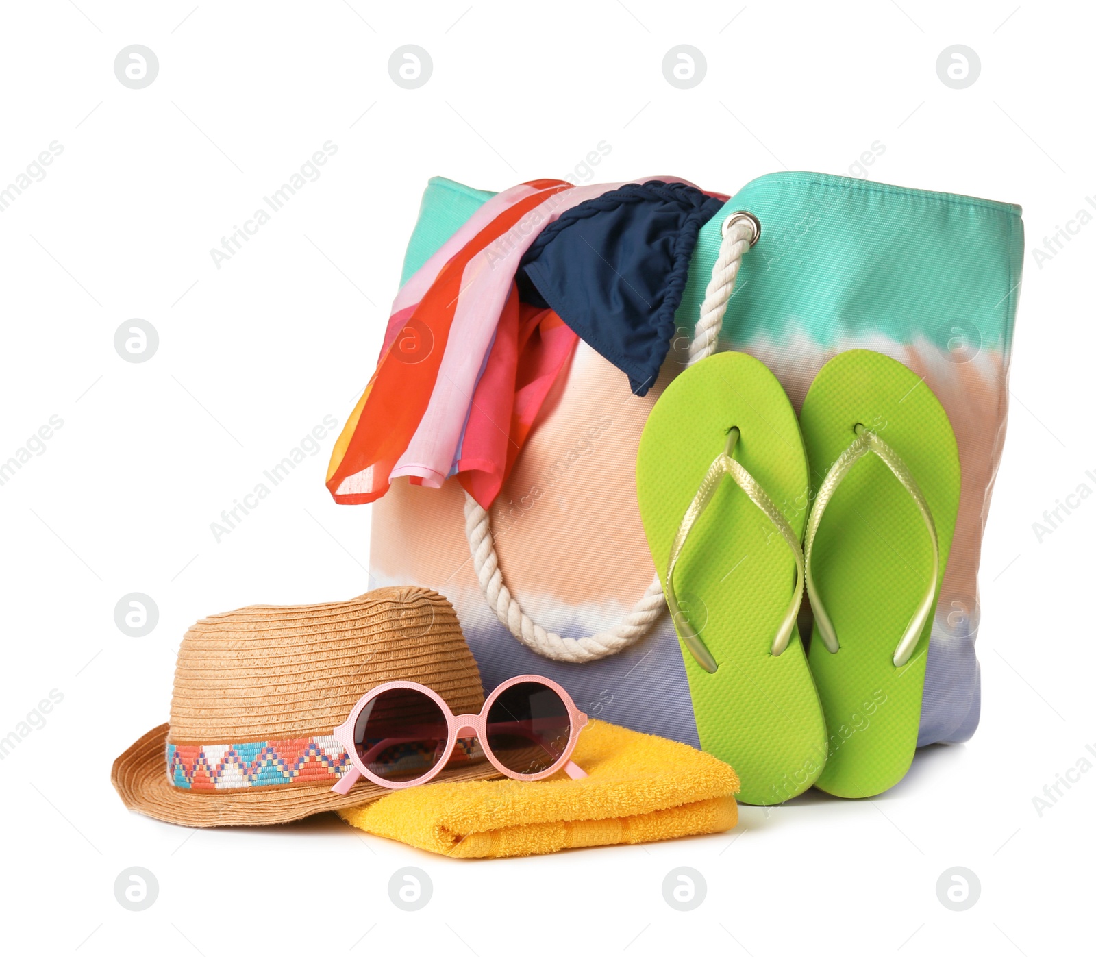 Photo of Set of different beach accessories isolated on white