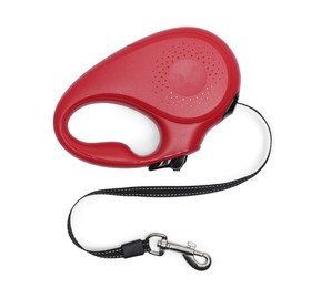 Photo of Red dog retractable leash isolated on white, top view