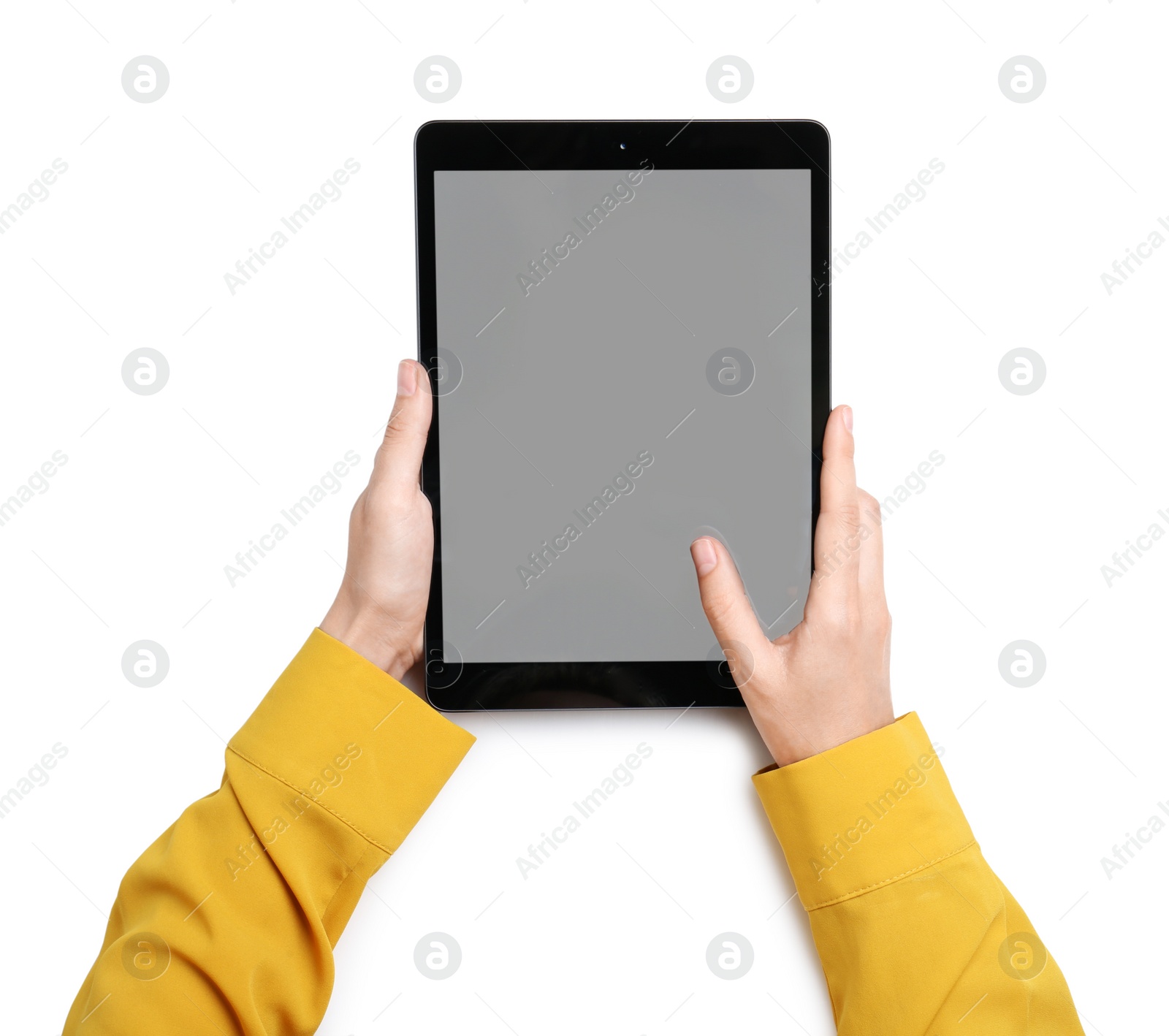 Photo of Woman working with tablet on white background, top view