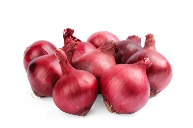 Photo of Ripe red onions on white background