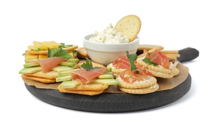 Photo of Different snacks with salted crackers on white background