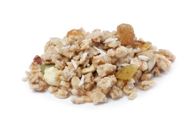 Photo of Pile of granola on white background. Healthy snack