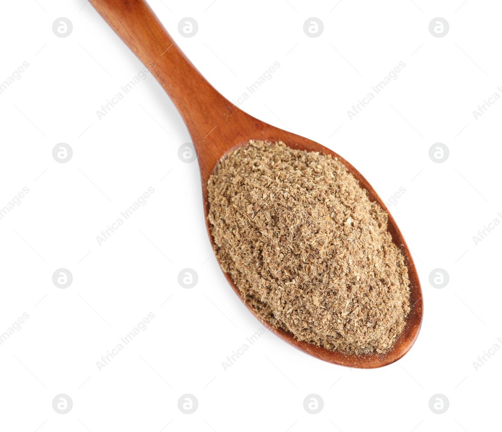 Photo of Wooden spoon with powdered coriander on white background, top view