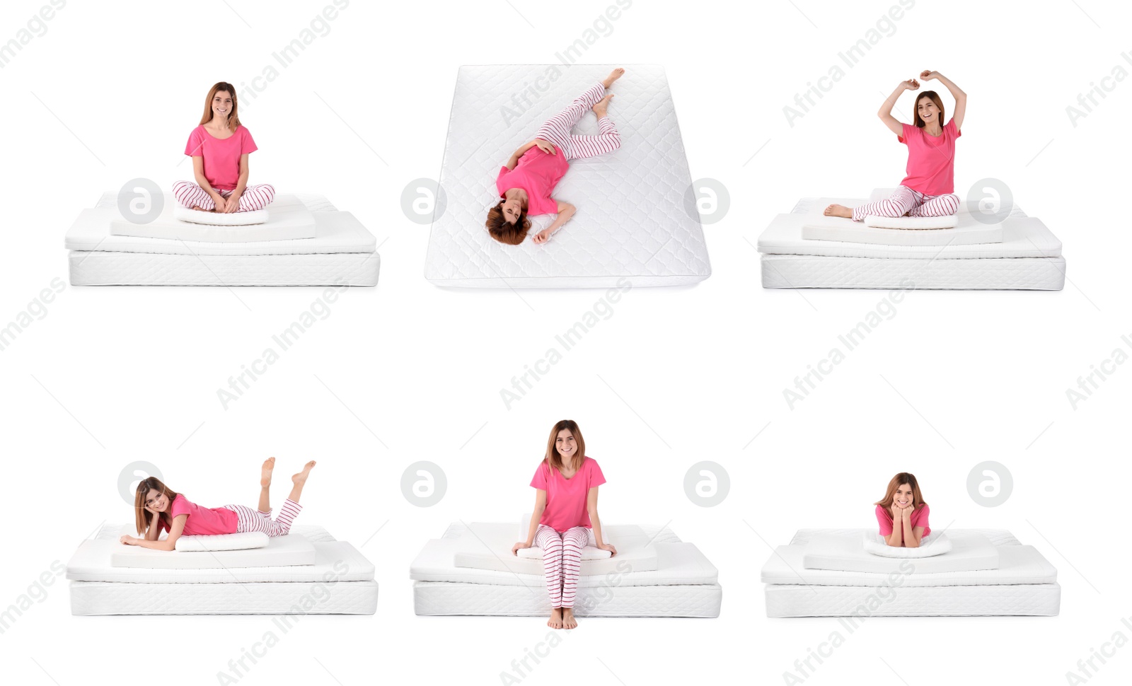 Image of Collage with photos of woman and mattress on white background