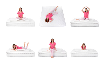 Image of Collage with photos of woman and mattress on white background