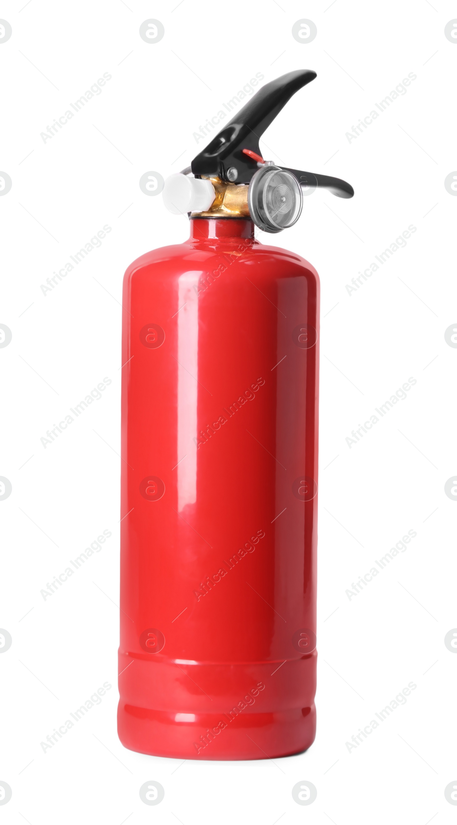 Photo of One red fire extinguisher on white background