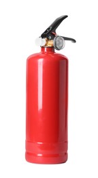 Photo of One red fire extinguisher on white background