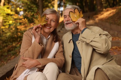 Photo of Affectionate senior couple having fun with dry leaves in autumn park