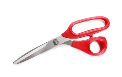 Photo of Pair of sharp sewing scissors on white background