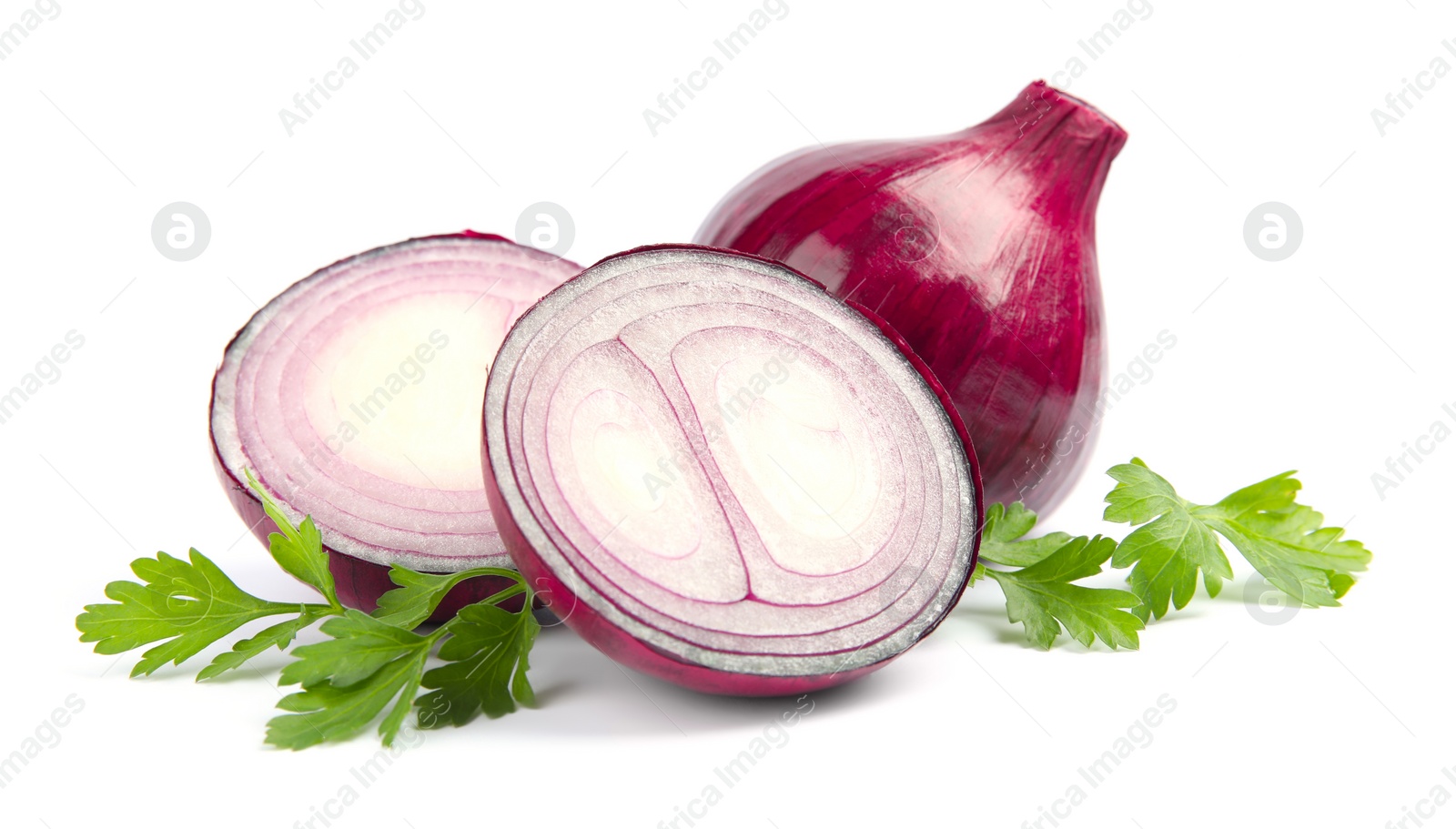 Photo of Ripe red onions and parsley on white background